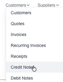 Credit Note menu