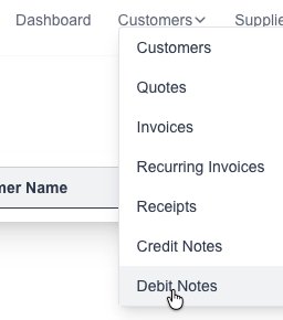 Debit Note menu